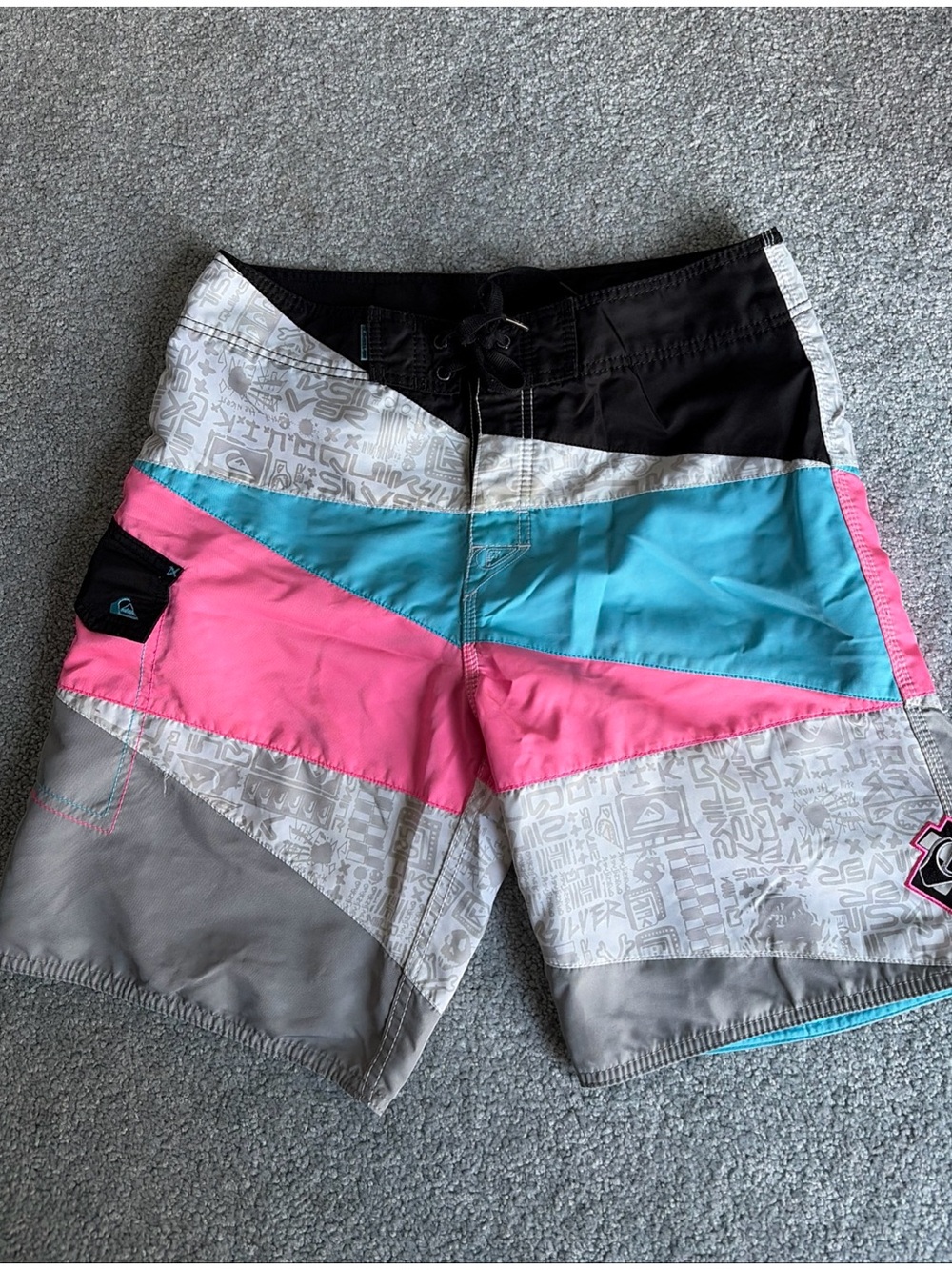 VINTAGE QUIKSILVER BLUE/NEON PINK BOARD SHORTS SWIM SUIT TRUNK SHORTS 34